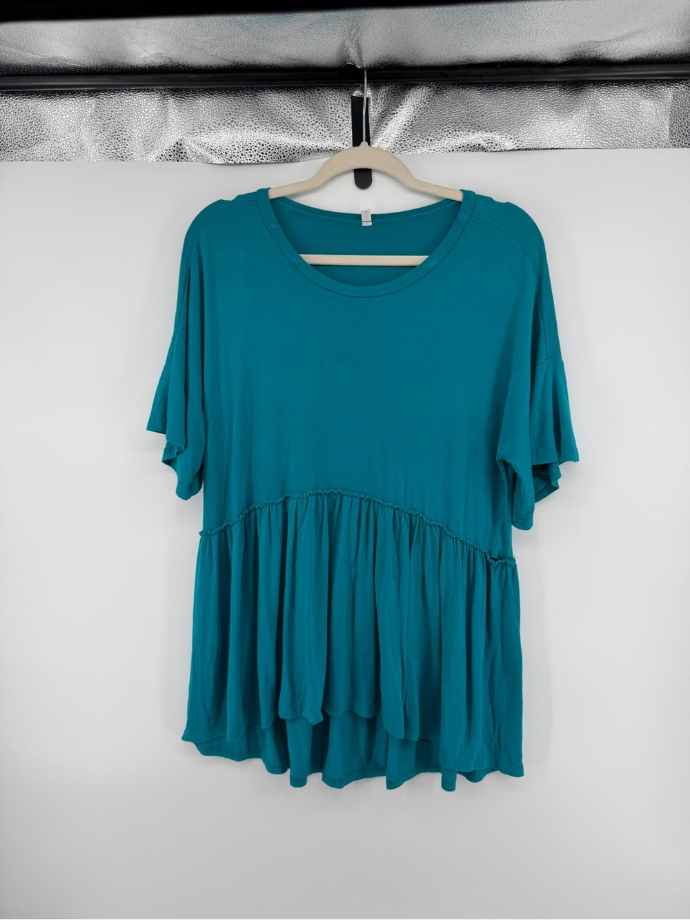 Boho Chic Whimsigoth Cottagecore Romancore Teal Ruffle-Hem Short Sleeve Top SzL
